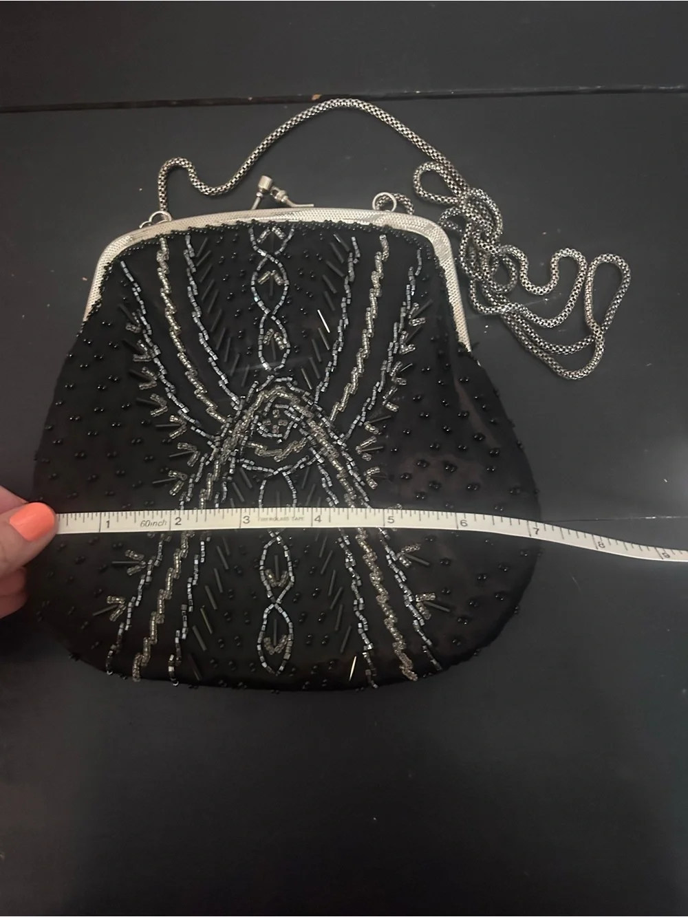 Vintage Regale Ltd Black Beaded Evening Bag Kiss Lock Clutch Purse Chain Strap